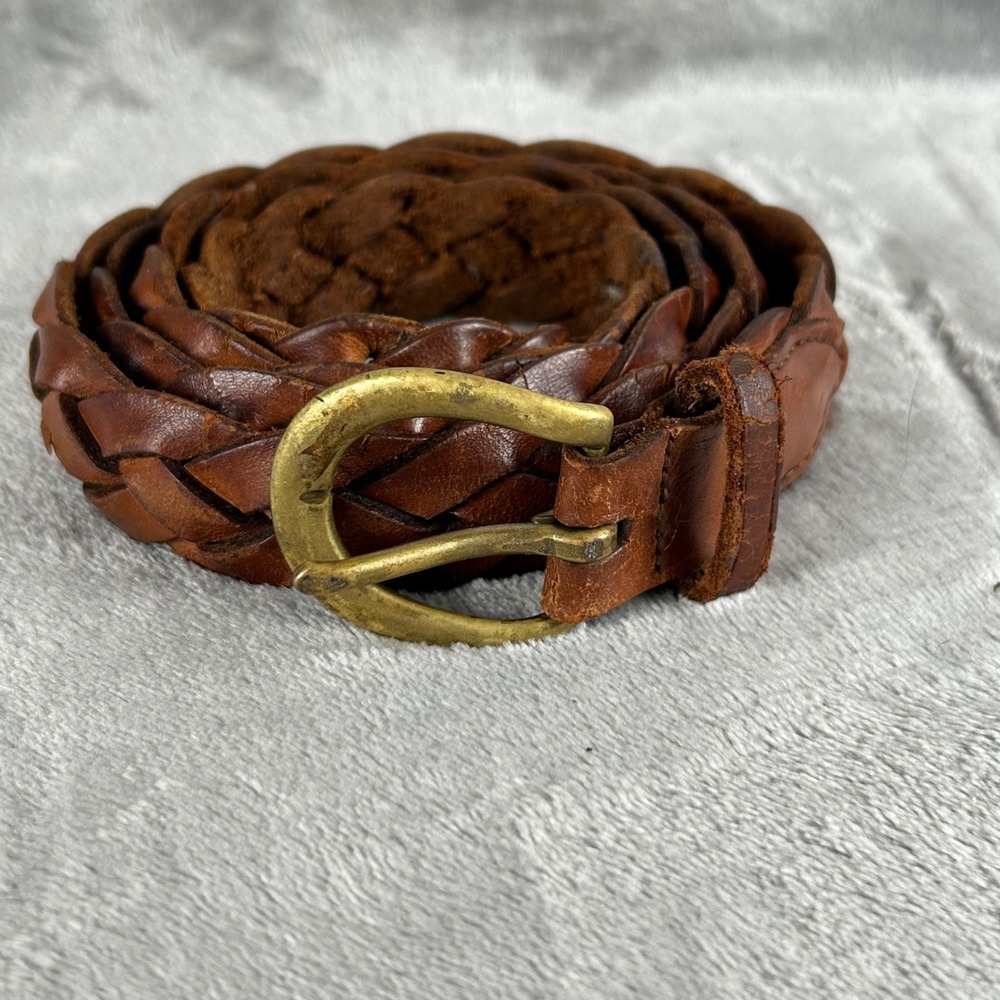 American Eagle Mens Braided Leather Belt Brown Woven Brass Buckle 38 56065